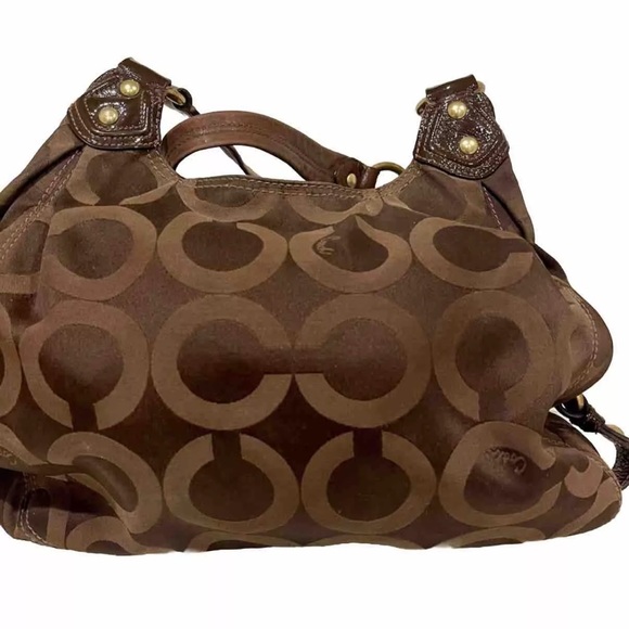 Coach Madison Maggie Bag Dark brown Gold Purple lining Signature C Pockets Hobo - Picture 3 of 15